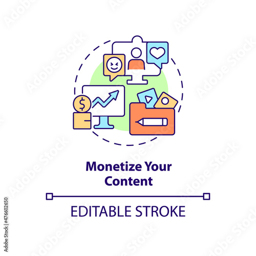 Monetize your content concept icon. Earn money from subscription abstract idea thin line illustration. Isolated outline drawing. Editable stroke. Roboto-Medium, Myriad Pro-Bold fonts used