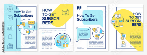 How to get subscribers blue and yellow brochure template. Booklet print design with linear icons. Vector layouts for presentation, annual reports, ads. Questrial-Regular, Lato-Regular fonts used