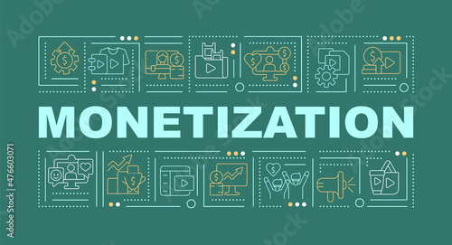 Monetization word concepts green banner. Earn money from content. Infographics with linear icons on background. Isolated typography. Vector color illustration with text. Arial-Black font used