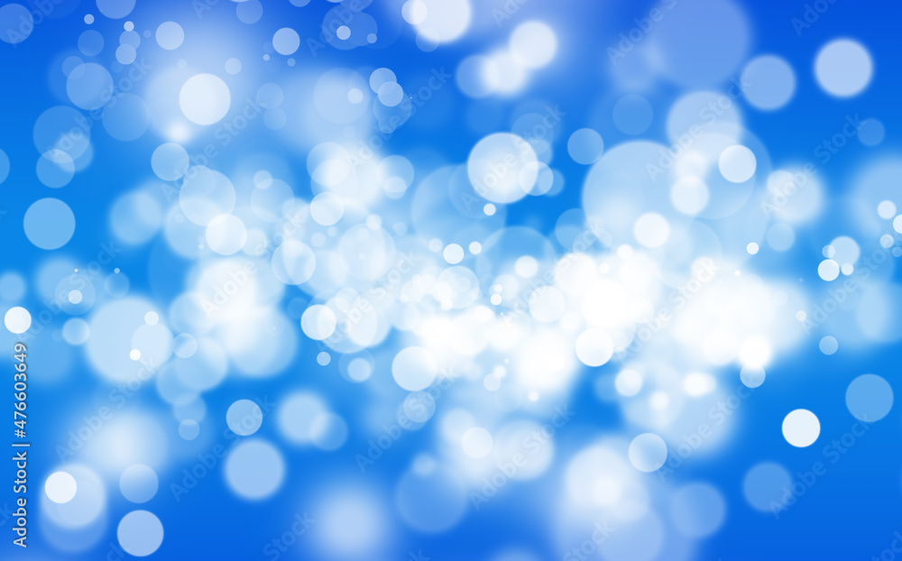 White Glitter Vintage Lights on Blue Texture Background. White Bokeh Effect. Defocused, Celebration, Christmas Holiday Backdrop.