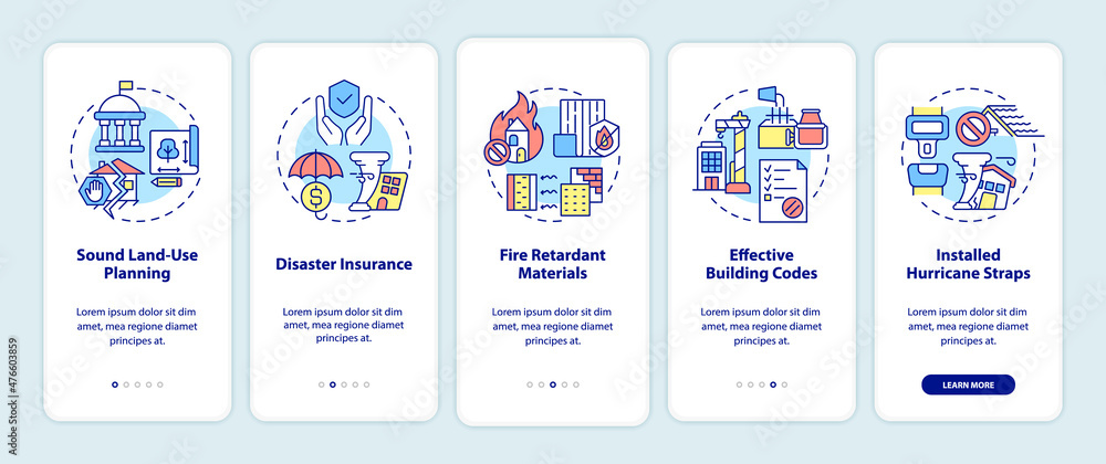 Disaster mitigation involves onboarding mobile app screen. Hazard walkthrough 5 steps graphic instructions pages with linear concepts. UI, UX, GUI template. Myriad Pro-Bold, Regular fonts used