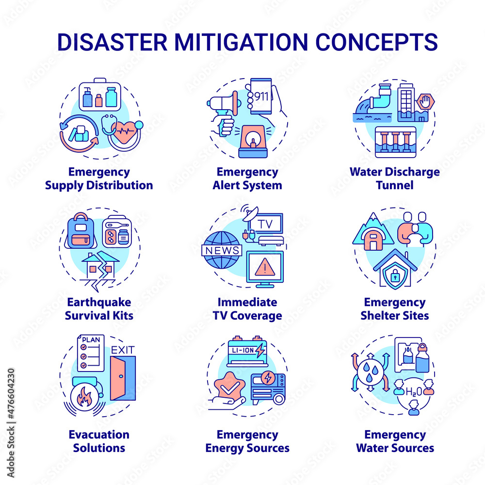 Disaster mitigation concept icons set. Emergency situation services idea thin line color illustrations. Isolated outline drawings. Editable stroke. Roboto-Medium, Myriad Pro-Bold fonts used