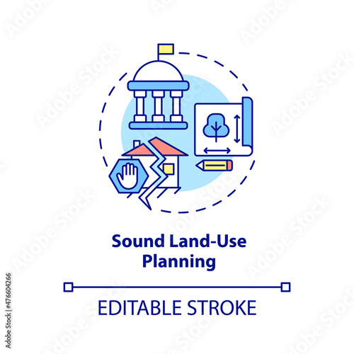 Sound land use planning concept icon. Disaster mitigation abstract idea thin line illustration. Isolated outline drawing. Editable stroke. Roboto-Medium, Myriad Pro-Bold fonts used