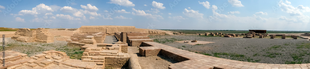 Reconstruction of Otrar city walls and columns. Otyrar (Farab) ancient town, homeland of Al-Farabi.
