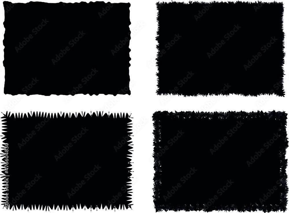 Black design elements, shapes, spiky rectangles with ruffed, distressed edges. Transparent background.  Abstract vector illustration, eps 10. - obrazy, fototapety, plakaty 