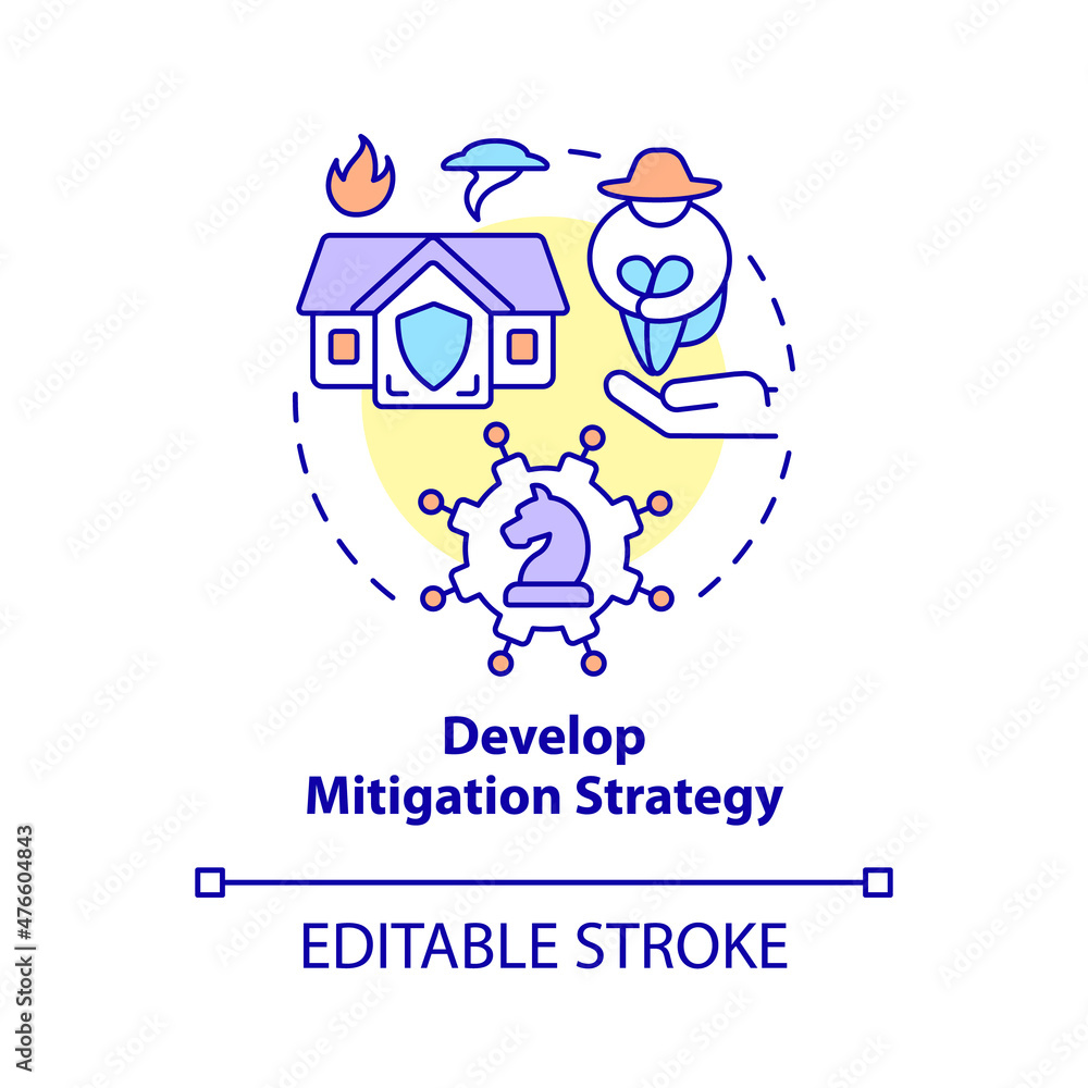 Develop mitigation strategy concept icon. Natural disaster damage abstract idea thin line illustration. Isolated outline drawing. Editable stroke. Roboto-Medium, Myriad Pro-Bold fonts used