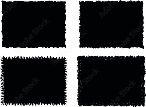 Black design elements, shapes, spiky rectangles with ruffed, distressed edges. Transparent background.  Abstract vector illustration, eps 10.