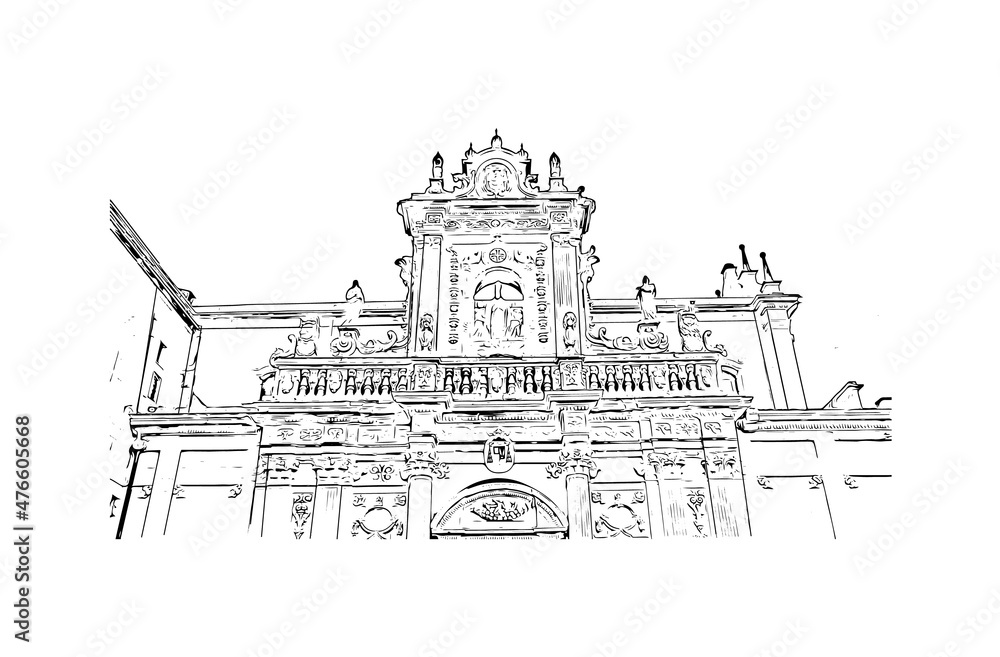 Building view with landmark of Lecce is a city in Italy. Hand drawn sketch illustration in vector.