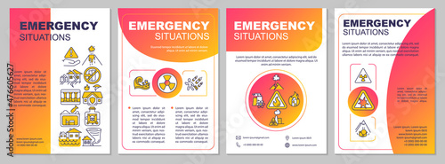 Emergency situations red brochure template. Disaster mitigation. Booklet print design with linear icons. Vector layouts for presentation, annual reports, ads. Arial, Myriad Pro-Regular fonts used