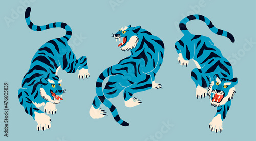 Abstract blue Tiger. Tiger walk. Japanese or Chinese oriental style. Hand drawn colored Vector illustration. Print, logo, poster template, tattoo idea. Symbol of 2022 new year