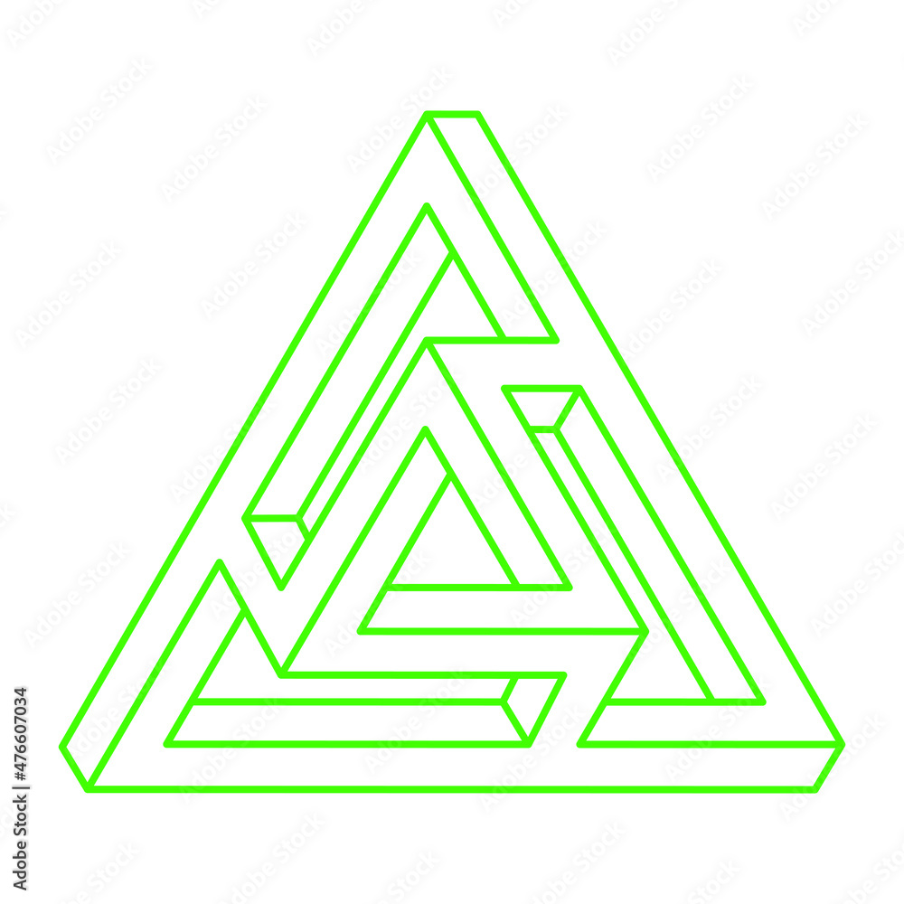 Impossible shapes. Optical illusion triangle. Abstract eternal geometric object. Impossible endless outline logo. Escher style. Impossible geometry symbol on a white background. Optical art figure. Impossible shapes. Optical illusion triangle. Abstract eternal geometric object. Impossible endless outline logo. Escher style. Impossible geometry symbol on a white background. Optical art figure.
