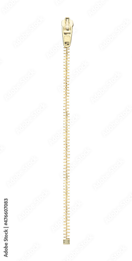 Closed golden metal zipper isolated on white