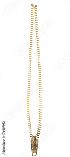 Fototapeta Naklejka Na Ścianę i Meble -  Open golden metal zipper isolated on white