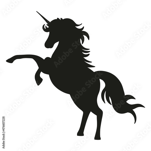 Silhouette of a flying, jumping unicorn. Black silhouette isolated on white background.Element for creating design and decoration.