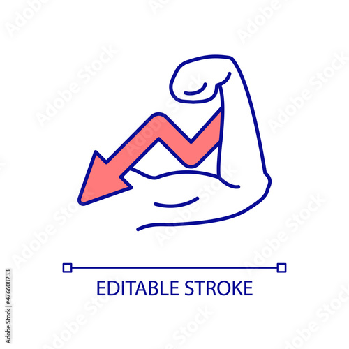 Muscle atrophy RGB color icon. Musculoskeletal system degradation. Arm thinning. Anorexia symptom. Isolated vector illustration. Simple filled line drawing. Editable stroke. Arial font used photo