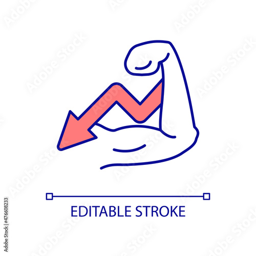 Muscle atrophy RGB color icon. Musculoskeletal system degradation. Arm thinning. Anorexia symptom. Isolated vector illustration. Simple filled line drawing. Editable stroke. Arial font used