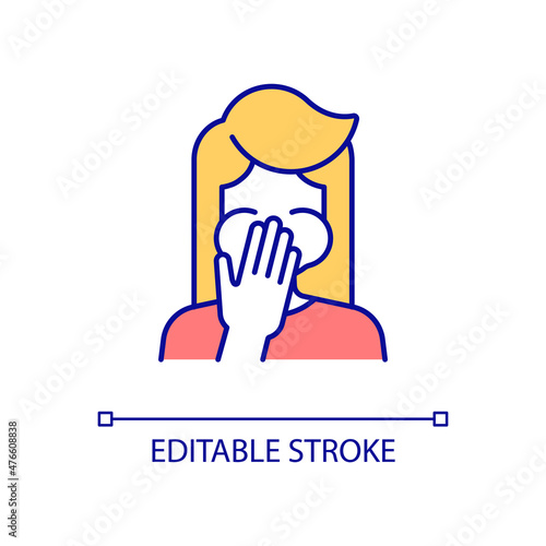 Nausea feeling RGB color icon. Food poisoning. Gagging. Sick person. Upset stomach. Digestive disease. Isolated vector illustration. Simple filled line drawing. Editable stroke. Arial font used