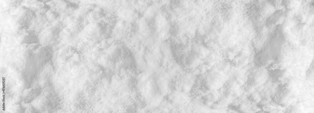 Background of fresh snow winter for design snowy white texture, Closeup top view wide panoramic texture.