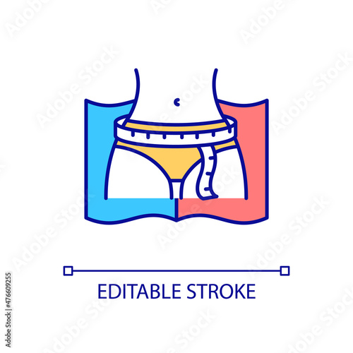 Slim female figure RGB color icon. Good looking physical shape. Waist size measurement. Abdomen fitness. Isolated vector illustration. Simple filled line drawing. Editable stroke. Arial font used