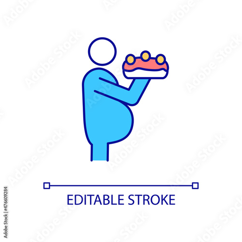Binge eating RGB color icon. Bulimia signs. Obesity and excessive fat. Uncontrolled food consumption. Isolated vector illustration. Simple filled line drawing. Editable stroke. Arial font used