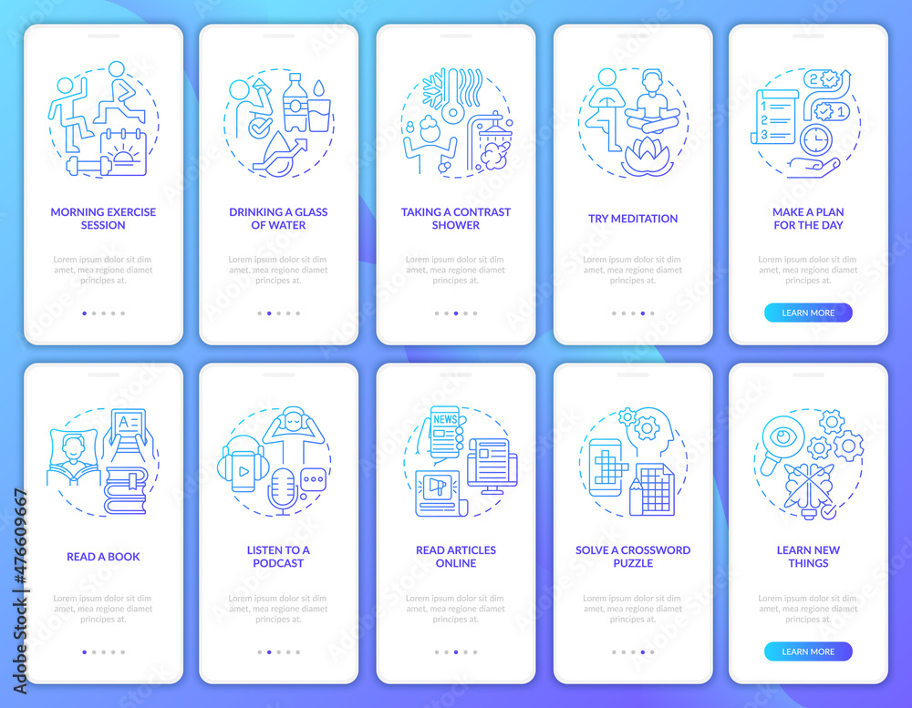 Morning routine blue gradient onboarding mobile app screen set. Wellness walkthrough 5 steps graphic instructions pages with linear concepts. UI, UX, GUI template. Myriad Pro-Bold, Regular fonts used