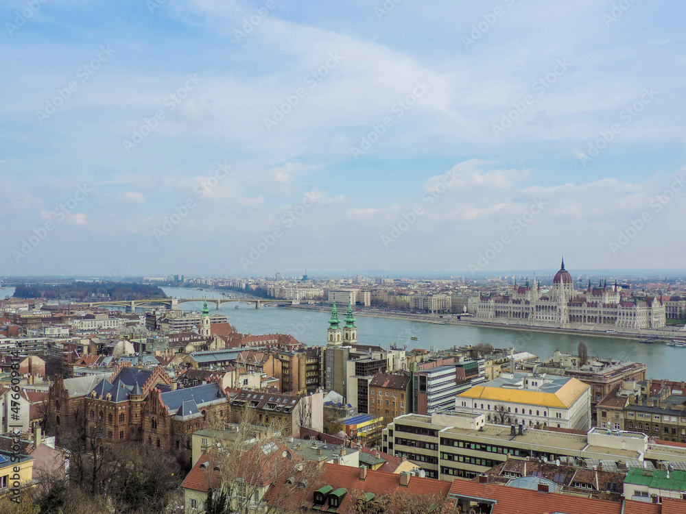 Budapest, Hungary, March 2016 - panoramic view of Budapest and the Hungarian Parliament Building