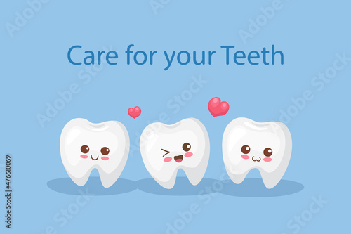 Cute little teeth characters. Adorable children illustration in kawaii style. Use for kids medical centre, dentist, poster, card. Smiling and happy mascot for oral hygiene, dental treatment.