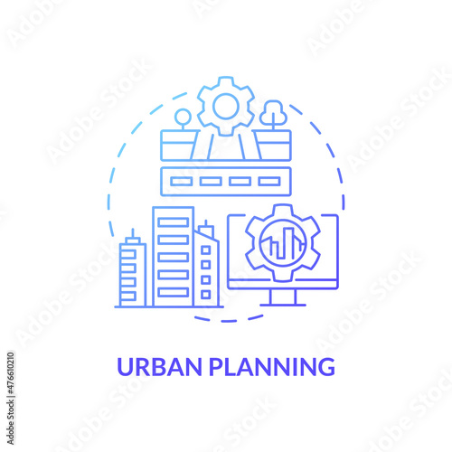 Urban planning blue gradient concept icon. Creating digital three dimensional model abstract idea thin line illustration. Isolated outline drawing. Roboto-Medium, Myriad Pro-Bold fonts used