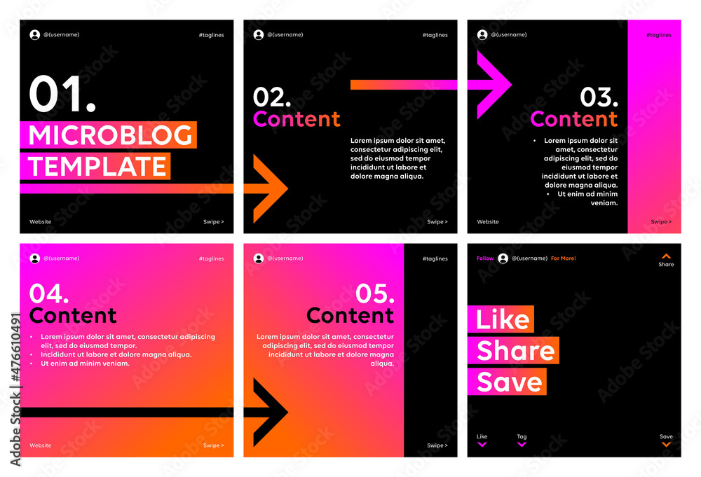 Microblog carousel slides template for social media post. Six page, pink oranges gradient and arrows theme.