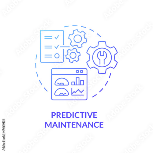 Predictive maintenance blue gradient concept icon. Reducing costly downtime abstract idea thin line illustration. Manufacturing. Isolated outline drawing. Roboto-Medium, Myriad Pro-Bold fonts used