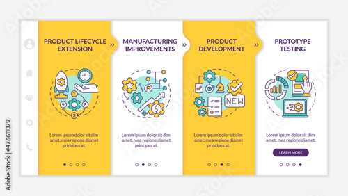 Digital twin applications yellow onboarding template. Product lifecycle. Responsive mobile website with linear concept icons. Web page walkthrough 4 step screens. Lato-Bold, Regular fonts used