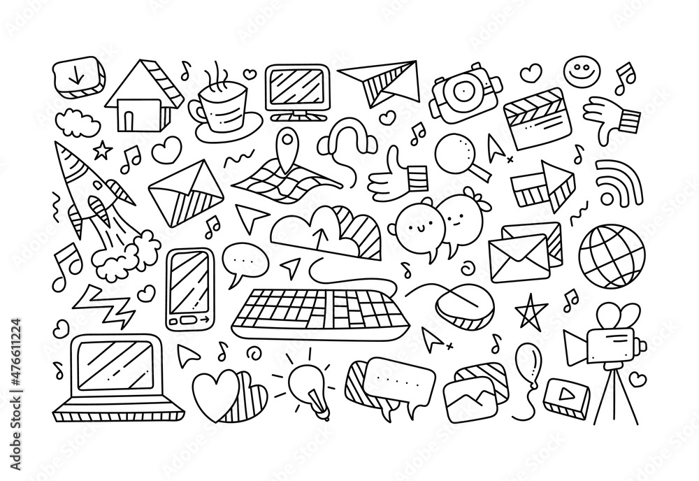 Technology and Social Media Doodle, Social Media Icon Doodle, Social Media Outline Doodle