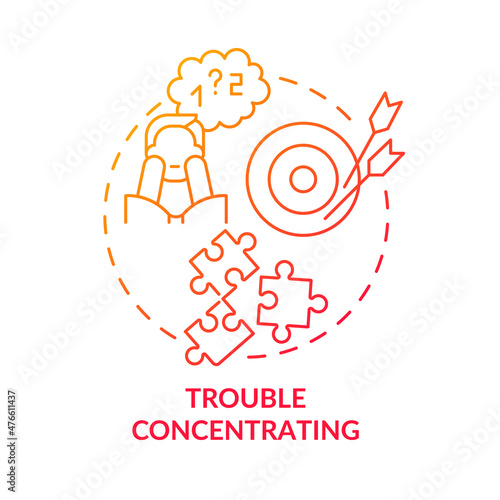 Trouble concentrating red gradient concept icon. Anxiety disorder. Mental illness abstract idea thin line illustration. Isolated outline drawing. Roboto-Medium, Myriad Pro-Bold fonts used