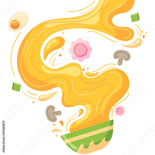 Soup splashing out of a plate, Asian broth with crabs, onions, mushrooms, egg, and noodles. Deep soup plate for Asian cuisine menu in flat style. Vector illustration