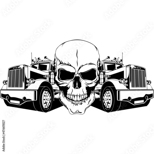 Truck driver logo SVG design with a skull and two semi-trucks, car decal, trucker shirt, sign, emblem