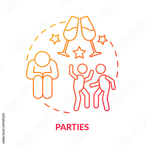 Parties red gradient concept icon. Fear of public places. Anxiety disorder trigger abstract idea thin line illustration. Isolated outline drawing. Roboto-Medium, Myriad Pro-Bold fonts used