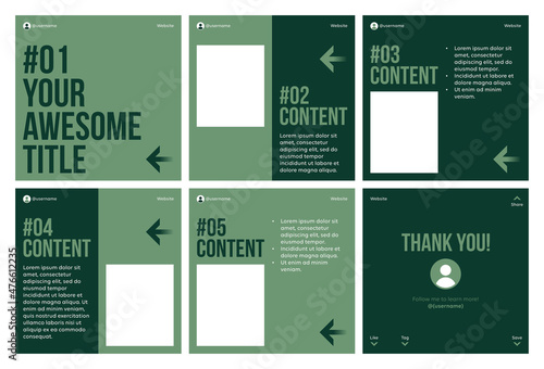 Microblog carousel slides template for social media post. Six page, greens and arrows theme.	