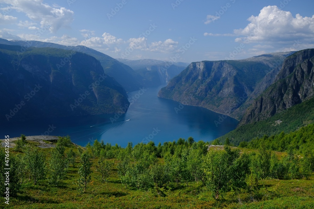 Amazing scenery of viewpoint on Priest Røyrgrind mountain. There is amazing view of Aurlandsfjord, one of most beautiful fjords in Norway.