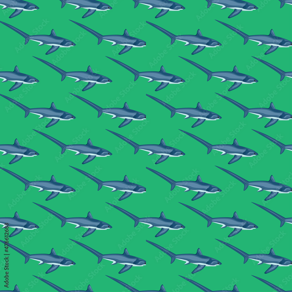 Thresher shark seamless pattern in scandinavian style. Marine animals background. Vector illustration for children funny textile. Thresher shark seamless pattern in scandinavian style. Marine animals background. Vector illustration for children funny textile.