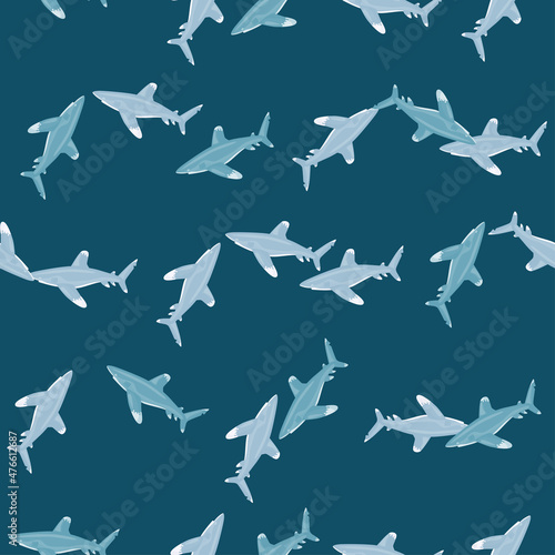 Oceanic whitetip shark seamless pattern in scandinavian style. Marine animals background. Vector illustration for children funny textile.