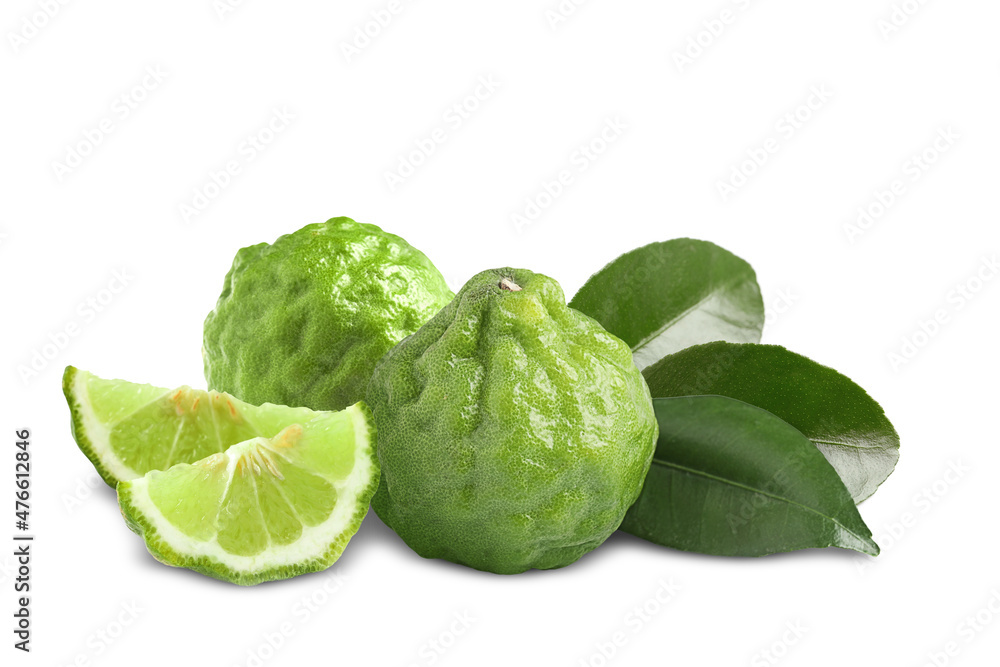 Fresh ripe bergamot fruits and green leaves on white background Fresh ripe bergamot fruits and green leaves on white background