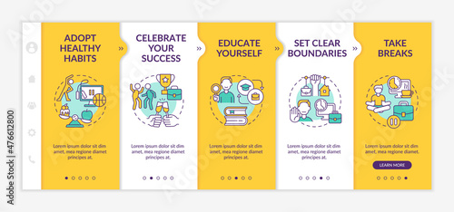 Dealing with anxiety at work yellow onboarding template. Stress overcoming. Responsive mobile website with linear concept icons. Web page walkthrough 5 step screens. Lato-Bold, Regular fonts used