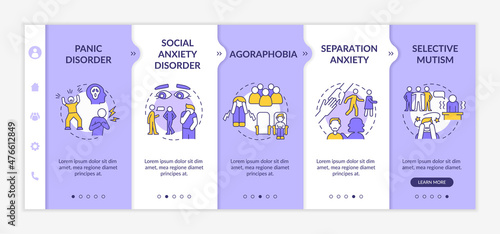 Types of anxiety disorders purple and white onboarding template. Mental illness. Responsive mobile website with linear concept icons. Web page walkthrough 5 step screens. Lato-Bold, Regular fonts used
