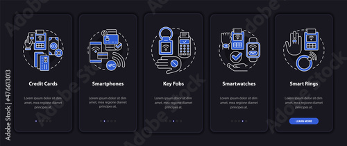 Payment methods night mode onboarding mobile app screen. Cashless walkthrough 5 steps graphic instructions pages with linear concepts. UI, UX, GUI template. Myriad Pro-Bold, Regular fonts used