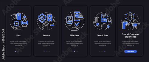 Contactless pay pros night mode onboarding mobile app screen. Service walkthrough 5 steps graphic instructions pages with linear concepts. UI, UX, GUI template. Myriad Pro-Bold, Regular fonts used