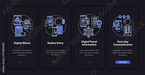 Contactless service for hotel night mode onboarding mobile app screen. Walkthrough 4 steps graphic instructions pages with linear concepts. UI, UX, GUI template. Myriad Pro-Bold, Regular fonts used