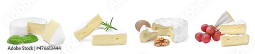 Set with tasty brie cheese on white background. Banner design