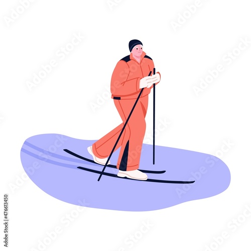 Active senior person skiing. Elderly woman skier on winter holidays. Wintertime outdoor sport. Aged female during snow season activity. Flat graphic vector illustration isolated on white background