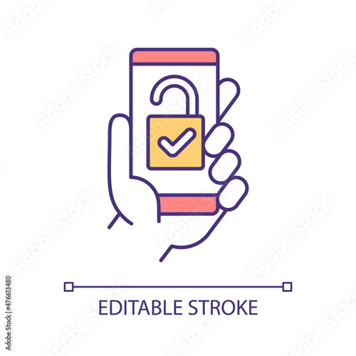 Online lock control RGB color icon. Smartphone application for keyless solution. Access from mobile phone. Isolated vector illustration. Simple filled line drawing. Editable stroke. Arial font used