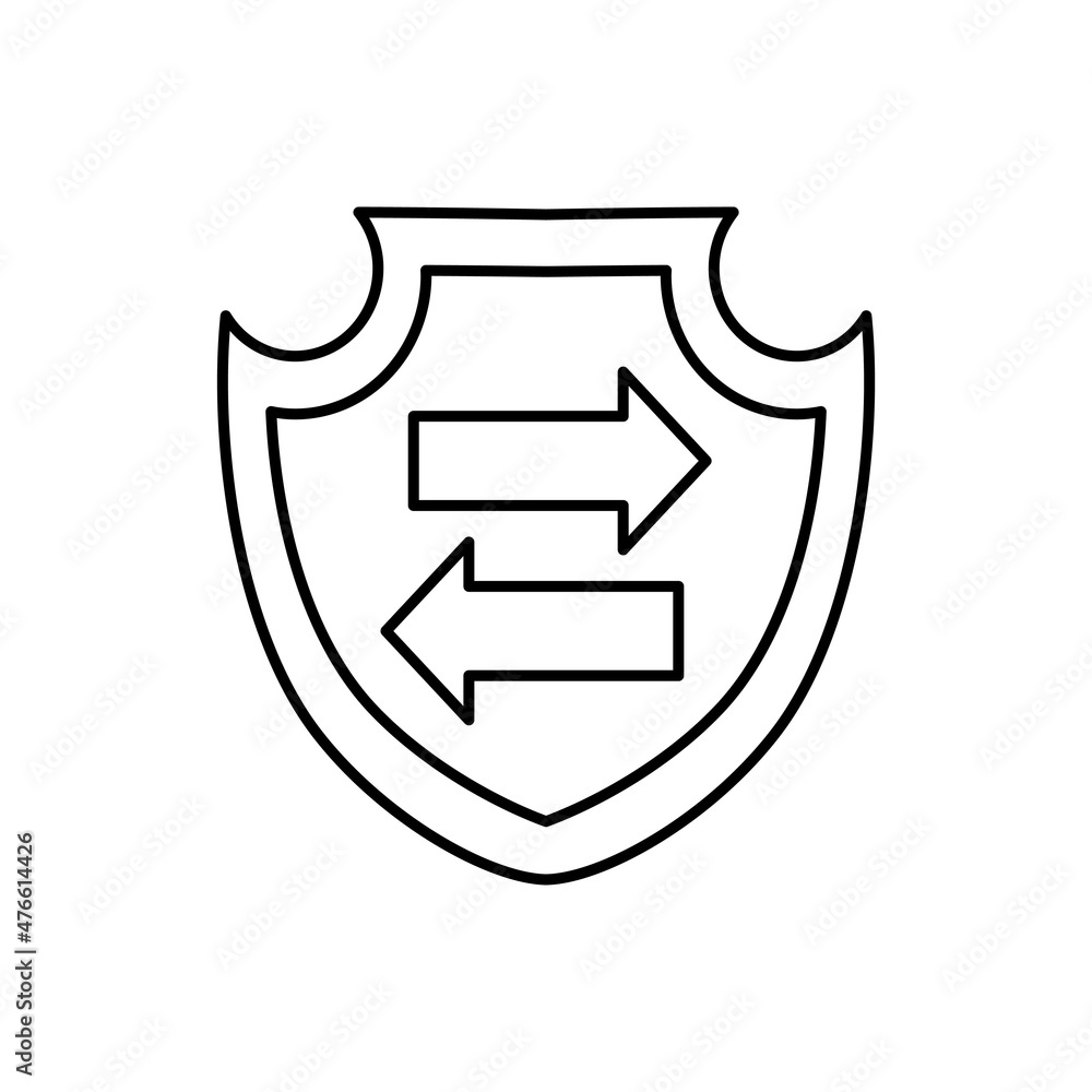 Shield with two arrows pointing in different directions. Simple outline black and white vector icon in modern minimal style with thin lines. Editable line thickness Shield with two arrows pointing in different directions. Simple outline black and white vector icon in modern minimal style with thin lines. Editable line thickness